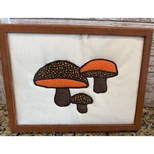 Vintage Mid Century Quilted Embroidered  Framed Mushrooms Handmade 12.5”  X 9.5”
